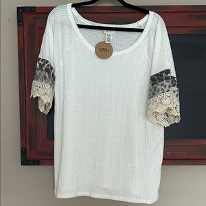 BiBi White Short Sleeve Waffle Knit Top with Leopard Band & Lace Trim